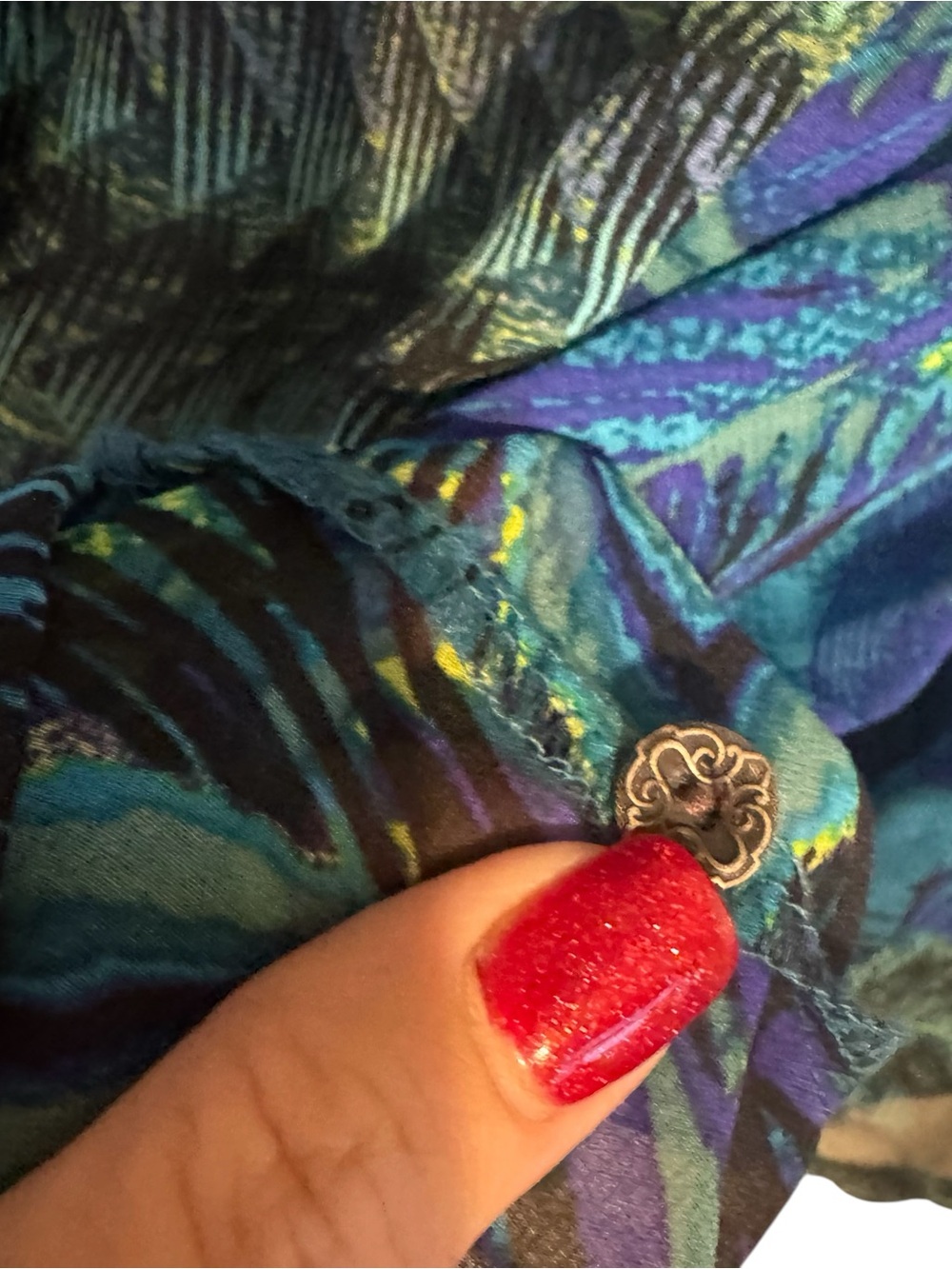 Peacock Print Teal and Blue Peasant Blouse XLARGE   #K - Picture 5 of 9